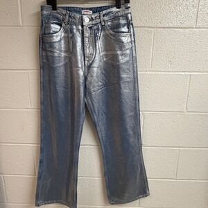 Sandro Paris Womens Metallic Silver Straight Baggy Jeans 10 High Rise Disco